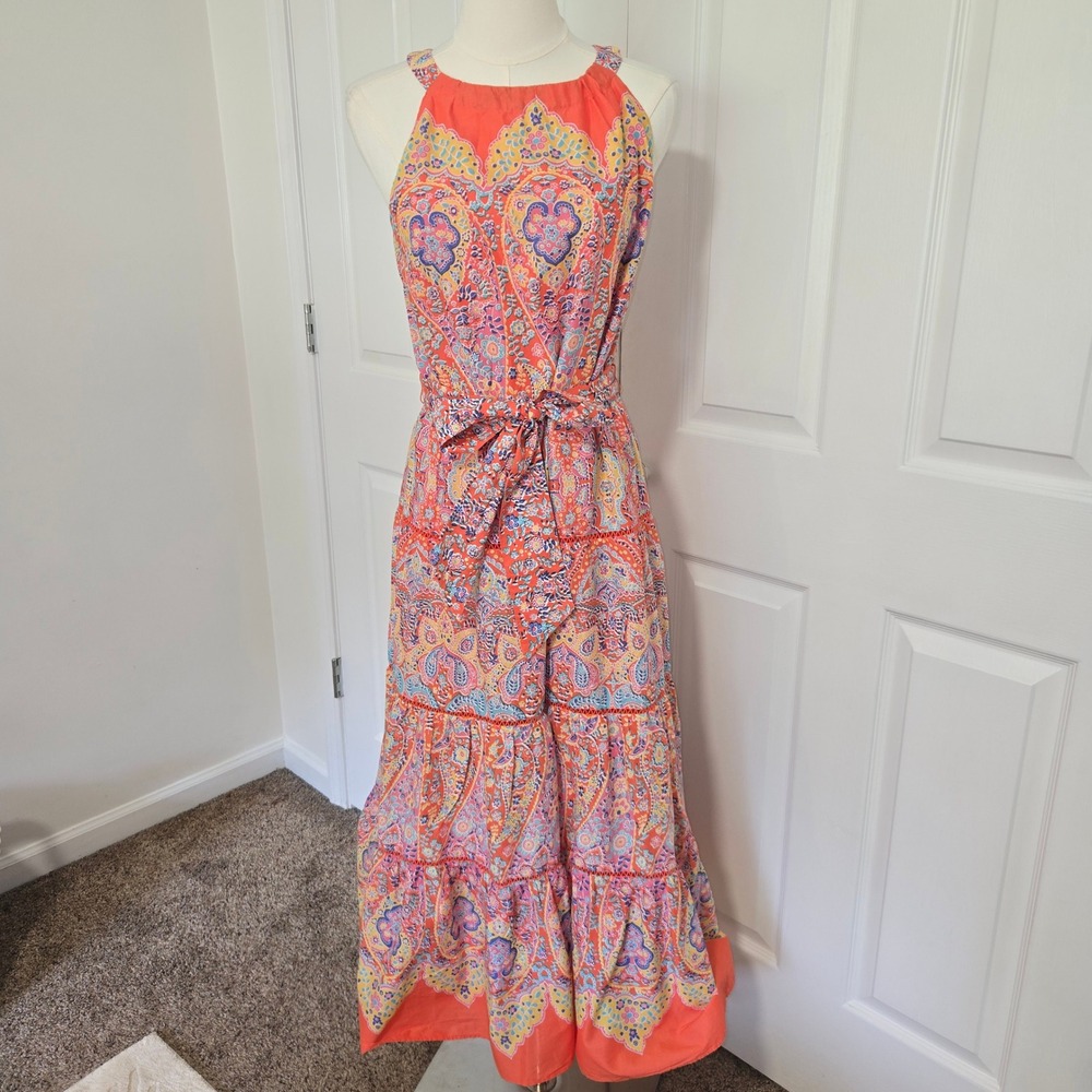 Talbots Maxi Dress Womens 8P Orange Paisley Tiered Cotton Halter Boho‎